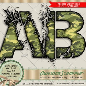 May include: Digital alphabet clipart featuring the letters A and B in a camouflage pattern with black outlines. The letters have a distressed, grunge effect. The text "Digital Alphabet ARMY ELITE Upper A-Z, Numbers 0-9 & Symbols 300 DPI - PNGS" is below the letters. The text "AWESOME SCRAPPER® DIGITAL DESIGNS by JOËLMARIE" is below the text. The text "NOT ALL CHARACTERS ARE DISPLAYED. ETSY.com/shop/AwesomeScrapper" is below the text.