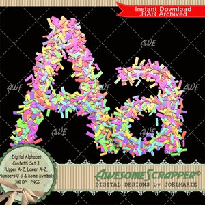 Confetti Set 3 Digital Alphabet door AwesomeScrapper, Hoge kwaliteit 300 DPI PNG's, Roze, Blauw, Paars, Groen, Papierstroken, Geel, Feest, Plezier