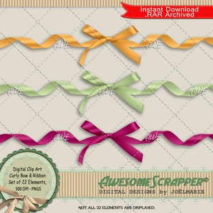 Clip art digital de fitas e arcos encaracolados por AwesomeScrapper - alta qualidade, PNGs de 300 DPI., Conjunto de 22 PNGs., Várias cores, Horizontal