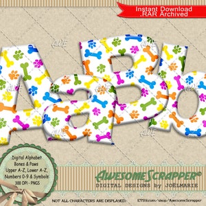 Bones and Paws Digital Alphabet door AwesomeScrapper, Hoge kwaliteit 300 DPI PNGs, Huisdieren, Honden, Harige Vrienden, Bones, Paw Prints, Kleurrijk
