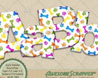 Alphabet numérique Bones and Paws par AwesomeScrapper, PNG 300 DPI de haute qualité, animaux de compagnie, chiens, amis à fourrure, os, empreintes de pattes, coloré