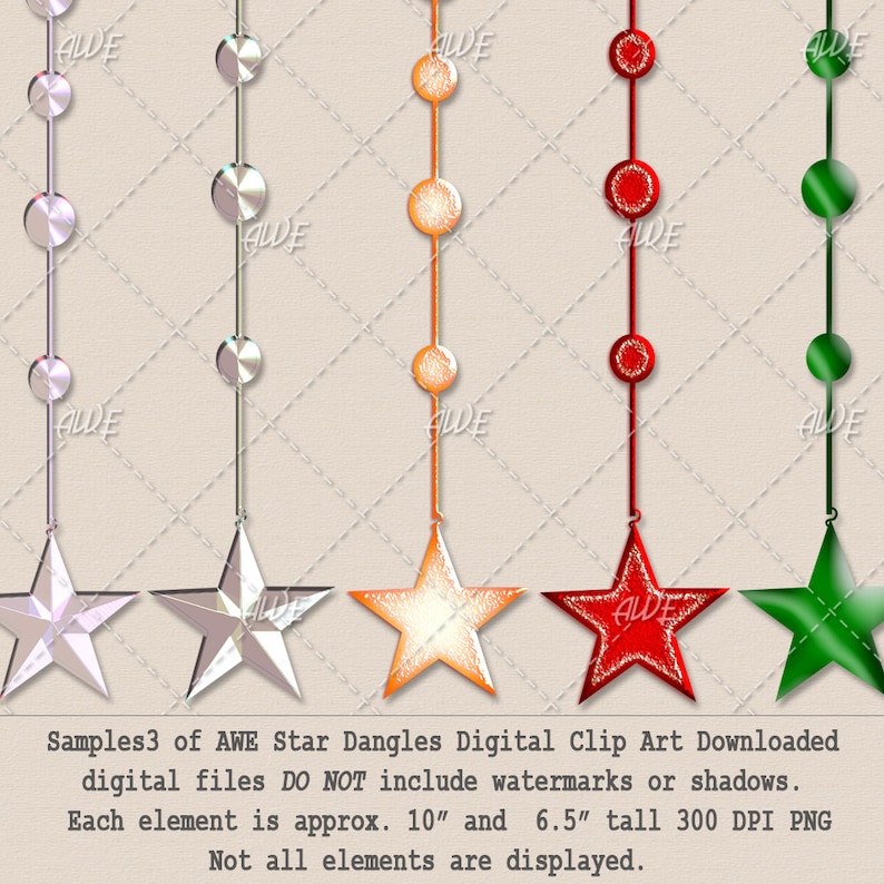 Stringed Stars Textured 65 total PNGs High Quality Star Dangles Digital Clip Art by AwesomeScrapper 300 DPI PNGs Jeweled