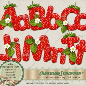 Strawberry Treat Digitales Alphabet von SuperScrapper, Ober- und Unterbuchstaben, Zahlen und Symbole, hochwertige 300 DPI PNGs, Obst, Blumen