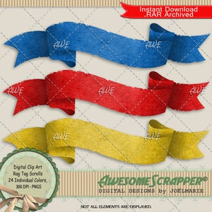May include: Three digital clip art rag tag scrolls in blue, red, and yellow. The scrolls are designed to look like torn paper with frayed edges. The text "Digital Clip Art Rag Tag Scrolls 24 Individual Colors, 300 DPI - PNGS" is at the bottom of the image. The text "AWESOME SCRAPPER® DIGITAL DESIGNS by JOËLMARIE" is in the center of the image. The text "Instant Download .RAR Archived" is at the top of the image.