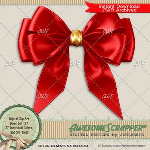 Conjunto de laços 127 Clip Art digital por AwesomeScrapper - Alta qualidade, PNGs de 300 DPI, conjunto de 27, laços de cetim, várias cores, fitas, seis laços
