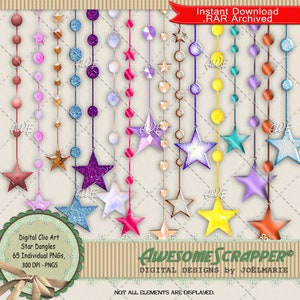 Star Dangles Digital Clip Art por AwesomeScrapper - alta qualidade, PNGs de 300 DPI, 65 PNGs no total, estrelas com cordas, joias, texturizadas