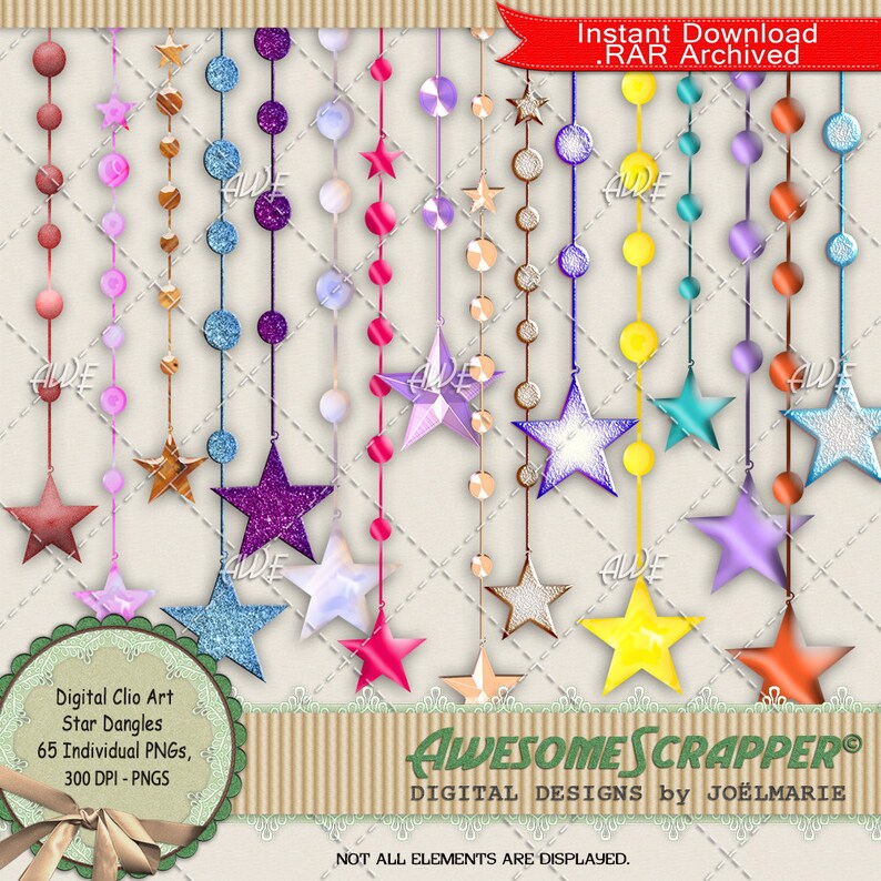Stringed Stars Textured 65 total PNGs High Quality Star Dangles Digital Clip Art by AwesomeScrapper 300 DPI PNGs Jeweled