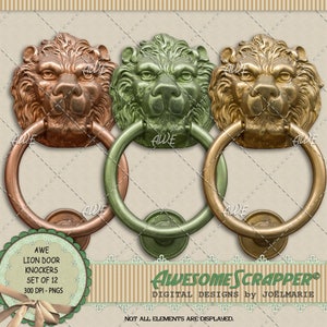 Aldravas de porta de leão da AwesomeScrapper, conjunto de 12, várias cores, PNGs de alta qualidade de 300 DPI, elementos incomuns e exclusivos, tema animal