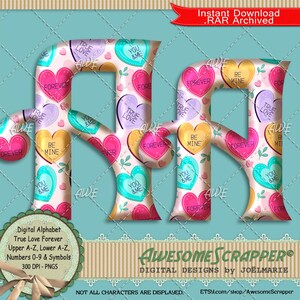 True Love Forever Digital Alphabet by AwesomeScrapper - High Quality, 300 DPI PNGs, Hearts, Messages, Pink, Blue, Yellow, Valentine, Love