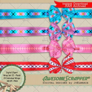 Ribbon Wraps 22 - Karierte digitale Clipart, von AwesomeScrapper - Set von 24 Satinbändern mit abgestimmten Kariden, Hochwertige 300 DPI PNGs