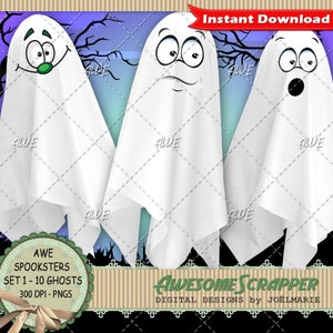 Puede incluir: Tres ilustraciones de fantasmas blancos con diferentes expresiones faciales. El fondo es una escena nocturna espeluznante con ramas de árboles desnudas. La imagen incluye el texto "Instant Download" y "Awesome Scrapper".