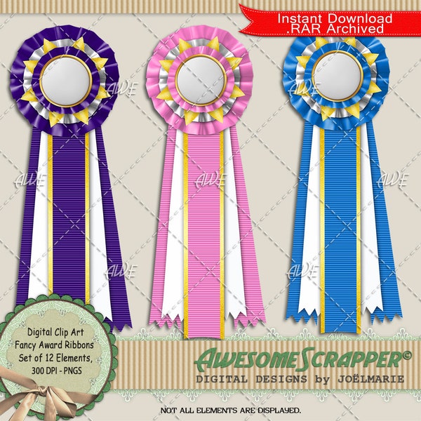 Fancy Award Ribbons Digital Clip Art by AwesomeScrapper - High Quality, 300 DPI PNGs., Set of 12 PNGs., Various Colors, Fair or Achievement