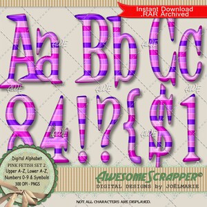 Pink Fetish Set2 Digital Alphabet by AwesomeScrapper - High Quality, 300 DPI PNGs, Horizontal Stripe in Shades of Lavender, Pink and Purple