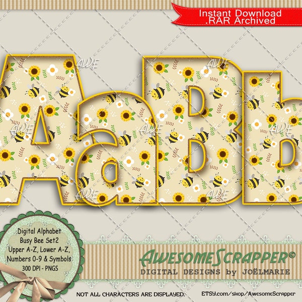Busy Bee Set2 Digital Alphabet by AwesomeScrapper - High Quality, 300 DPI PNGs,  Spring, Summer, Bees, Insects, Yellow, Gold, Floral
