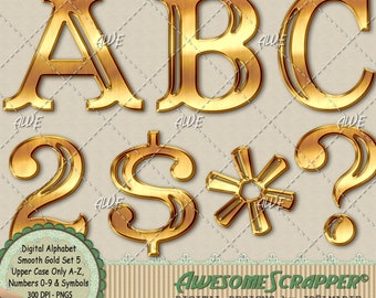 Smooth Gold Set 5 Digital Alphabet by AwesomeScrapper - High Quality, 300 DPI PNGs. An alphabet in gold. Upper case A-Z, Numbs and symbs.