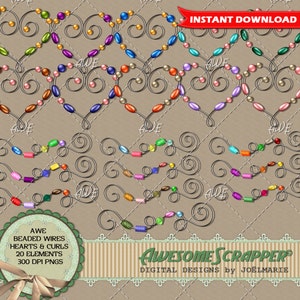 May include: A set of 20 digital images featuring beaded wire hearts and curls in various colors. The images are 300 DPI PNGs and are perfect for crafting and scrapbooking projects.