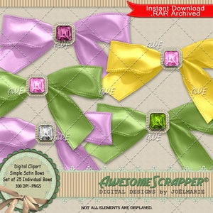 Simple Satin Bows Set of 25  Digital Clipart by AwesomeScrapper - High Quality, 300 DPI PNGs,  With Square Cut Jewels , Multi Color