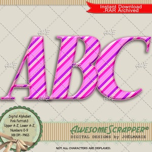 Pink Fetish Set3 Digital Alphabet by AwesomeScrapper - High Quality, 300 DPI PNGs, Diagonal Stripe, Shades of Pink and Lavender.