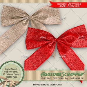 Conjunto de arcos 92 clipart digital por AwesomeScrapper - alta qualidade, PNGs de 300 DPI, conjunto de 25, arcos, fita, várias cores, metálico, brilho