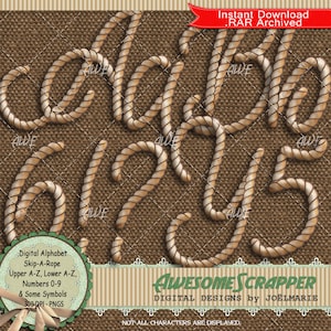 Alphabet numérique à sauter par AwesomeScrapper - Haute qualité, PNG 300 DPI, beige, marron, corde, texturé, majuscules, chiffres, quelques symboles
