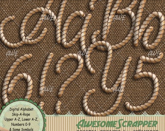Skip-A-Rope Digital Alphabet by AwesomeScrapper - High Quality, 300 DPI PNGs, Tan, Brown, Rope, Textured, Upper Case, Numbers, Some Symbols
