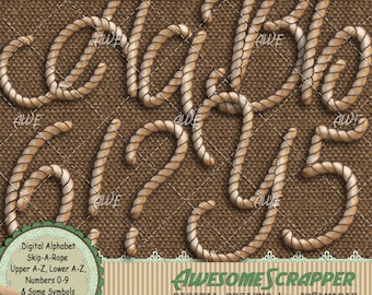 Skip-A-Rope Digital Alphabet by AwesomeScrapper - High Quality, 300 DPI PNGs, Tan, Brown, Rope, Textured, Upper Case, Numbers, Some Symbols