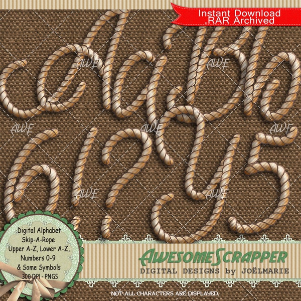 Skip-A-Rope Digital Alphabet by AwesomeScrapper - High Quality, 300 DPI PNGs, Tan, Brown, Rope, Textured, Upper Case, Numbers, Some Symbols