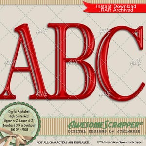 Hoogglans rood digitaal alfabet van AwesomeScrapper - Hoge kwaliteit, 300 dpi png's, glans, rood, klassiek, elegant, glad, open gezicht, metallic