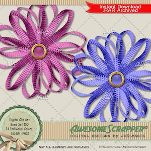 May include: Two digital clip art bows in shades of purple and blue, each with a gold-coloured centre. The bows are made of ribbon and have a flower-like design. Text includes "Digital Clip Art Bows Set 150" and "Awesome Scrapper".