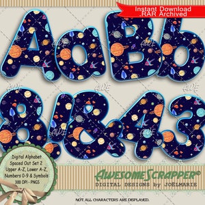 Spaced Out Set 2 Digital Alphabet van AwesomeScrapper - Hoge kwaliteit, 300 DPI PNGs, Blauw, Asteroïden, Planeten, Raketschepen, enz.