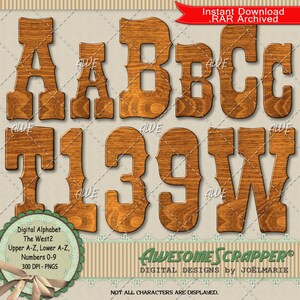 The West Set 2 Digital Alphabet de AwesomeScrapper - Alta calidad, PNG de 300 DPI, estilo occidental, textura de grano de madera