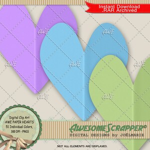 Clip art digital de corações de papel por AwesomeScrapper - PNGs de alta qualidade, 300 DPI, conjunto de 51, papel, corações, vincado, dobrado, várias cores
