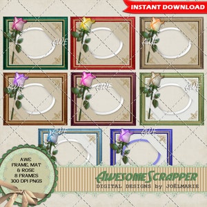 Digital Clipart - Cadres ovales en bois mat avec rose, ensemble de 8, multicolores, PNG 300 DPI de haute qualité
