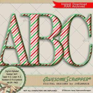 Summer Set1 Digital Alphabet by AwesomeScrapper - High Quality, 300 DPI PNGs, Red, Coral, Green, White, Diagonal Stripe, Summer Fruit color