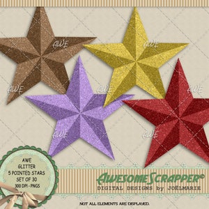 Glitter Stars 5 pontiagudos e dimensionais clipart digital, por AwesomeScrapper - variedade de cores, conjunto de 30 - alta qualidade 300 DPI PNGs