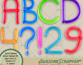 May include: A set of colourful balloon letters and numbers, including A, B, C, D, 4, 7, 1, 2, and 9. The letters and numbers are made of balloons and are arranged in a random order. The background is a light brown colour. The text "Digital Alphabet Balloon Alphabet #4 Upper Case A-Z, Numbers 0-9 & Symbols 300 DPI - PNGS" is at the bottom of the image. The text "AWESOME SCRAPPER® DIGITAL DESIGNS by JOËLMARIE" is below the text. The text "NOT ALL CHARACTERS ARE DISPLAYED." is at the bottom of the image.