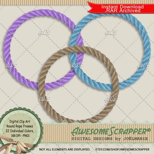 Round Rope Frames Digital Clip Art by AwesomeScrapper - Hochwertig, 300 DPI PNGs, 22er Set, Rund, Rahmen, Western, Cowboy, Kreis, Seil