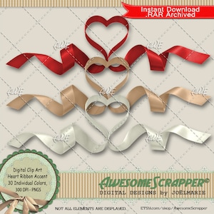 Heart Ribbon Accent Digital Clip Art de AwesomeScrapper - Alta calidad, PNG de 300 DPI, Conjunto de 30, Cintas, Escuchar forma, Amor, Varios colores