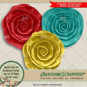 Cardstock Posies Clip Art digital por AwesomeScrapper - Alta qualidade, 300 DPI PNGs., Conjunto de 22 PNGs., Flores de papel digital, Várias cores