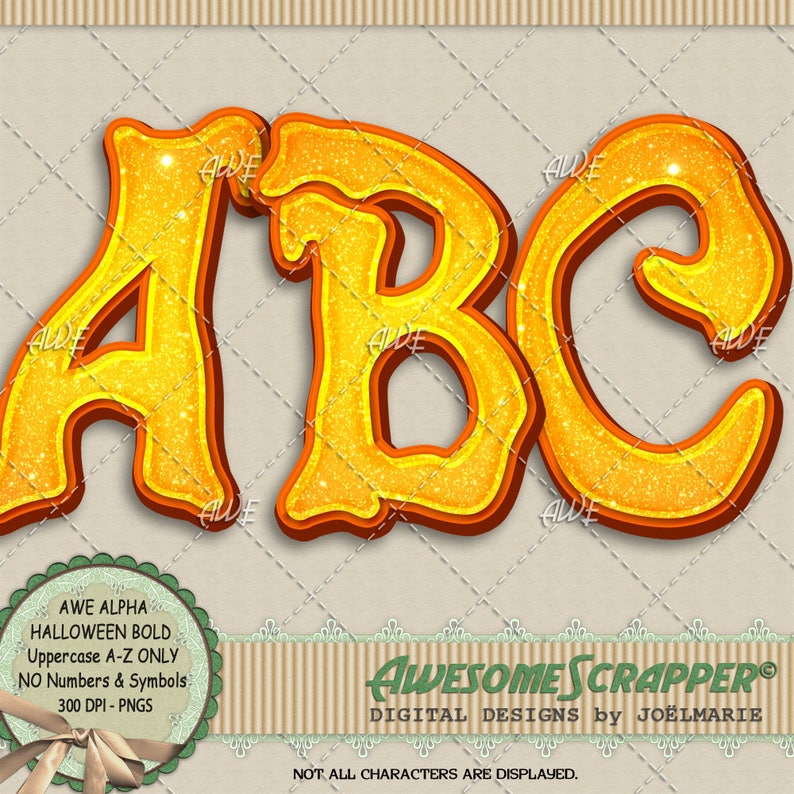 Halloween Bold Digital Alphabet, by AwesomeScrapper , Upper Case A,Z Only, Yellow, Gold, Orange , High Quality 300 DPI PNGs