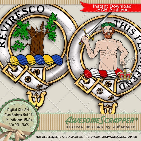 Scottish Clan Badges Set11 Digital Clip Art by AwesomeScrapper - High Quality, 300 DPI PNGs, 14 Badges, Heraldry, Clans, Crests, Family