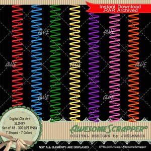 May include: A set of 48 digital clip art images of slinky shapes in seven colors: red, blue, green, yellow, purple, pink, and orange. The images are 300 DPI and are available for instant download in a .RAR file.