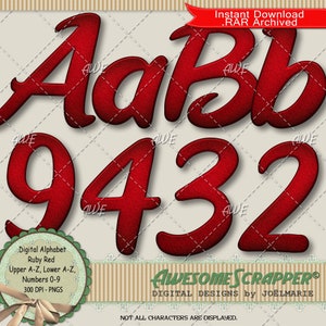 Ruby Red Digital Alphabet by AwesomeScrapper, Red, Texture, Texture, Sheen, Upper and Lower Case, Numbers, High Quality, 300 DPI PNGs