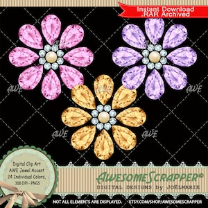 May include: Three digital clip art images of jeweled flowers. The flowers are pink, purple, and gold. Each flower has a pearl in the centre and is surrounded by smaller jewels.