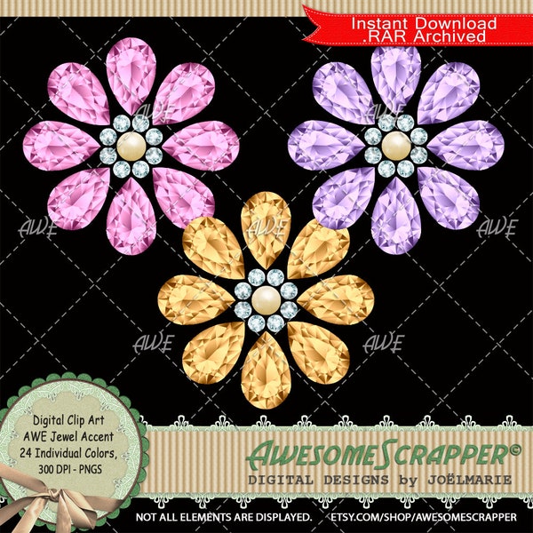 Jewel Accent Digital Clip Art by AwesomeScrapper - High Quality, 300 DPI PNGs, Set of 24, Broach, Jewels, Flower Shaped, Diamonds, Gems