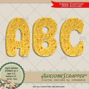 May include: A set of three yellow sponge letters, A, B, and C, in a digital alphabet font. The letters are 300 DPI PNG files and are part of a set of upper case letters and numbers.