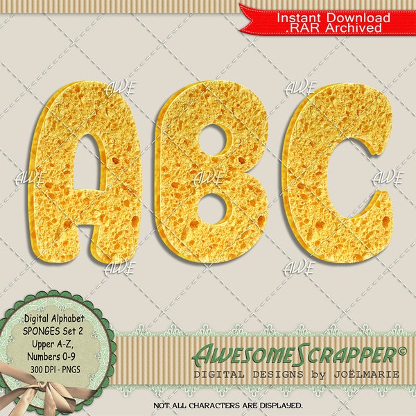 Sponges Set 2 Digital Alphabet by AwesomeScrapper - High Quality, 300 DPI PNGs, Yellow, Sponge Texture, 3-D Effect, Wash, Bathe, Clean