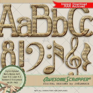 Merry Melody Set2 Digital Alphabet by AwesomeScrapper - High Quality, 300 DPI PNGs, Aged Music Sheet, Notes, Music Symbols
