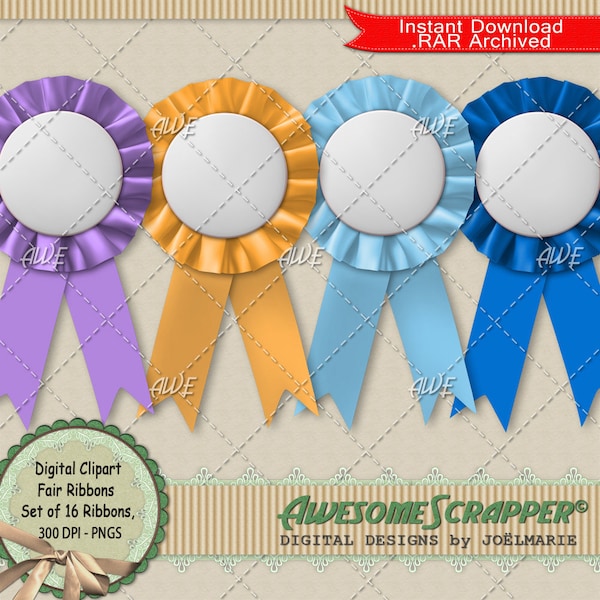 Fair Ribbons Digital Clipart by AwesomeScrapper - High Quality, 300 DPI PNGs,  A set of 16 Fair Ribbons, 3.75x7" tall  ea., assorted colors.