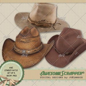 Puede incluir: Conjunto de tres sombreros de vaquero en marrón, beige y marrón claro. Los sombreros están hechos de diferentes materiales, incluyendo paja y cuero. Los sombreros tienen diferentes adornos, incluyendo una banda de cuero con una hebilla de metal, una banda tejida con una hebilla de metal y una banda de cuero con una estrella de metal.